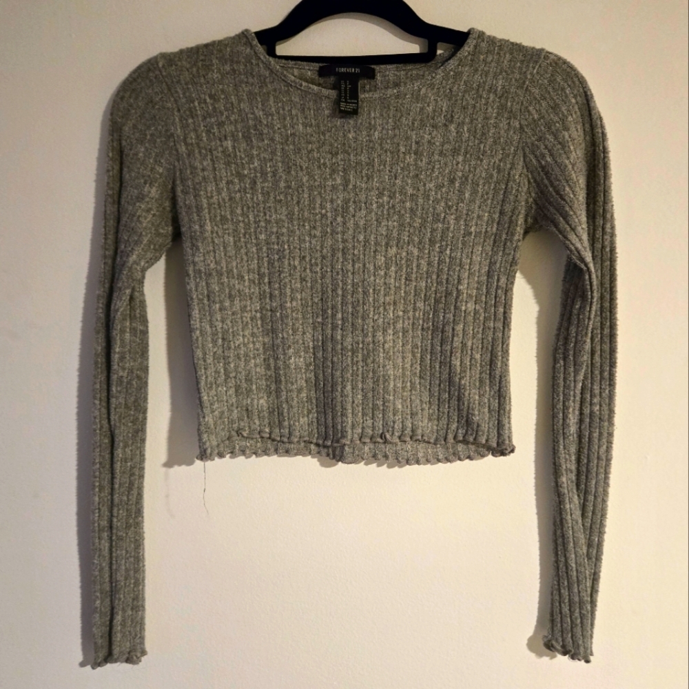 🌚 Forever 21 Ribbed Grey Long Sleeve Crop Top ~ Size Small Y2K 90s Minimalist